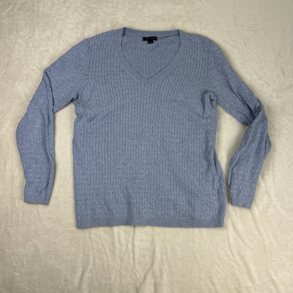 Tommy Hilfiger Women's Cable Knit V-Neck Sweater Light Blue Large Long Sleeve